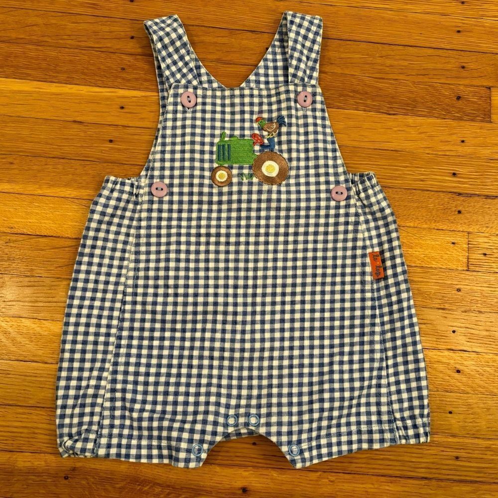 Le Top blue/white plaid soft embroidered overall shorts